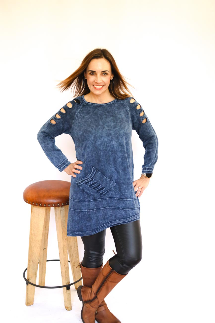 Distressed Long-Sleeve Tunic Top