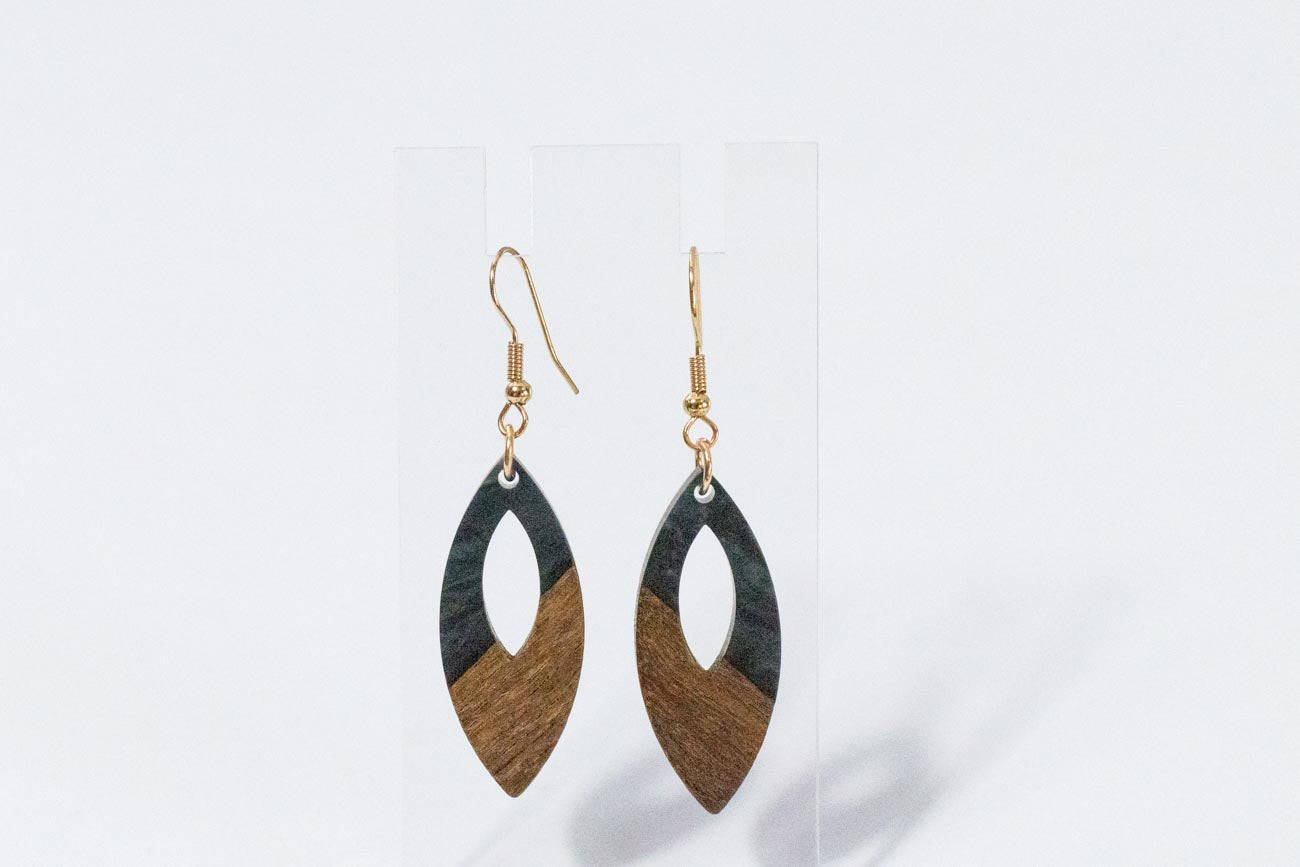 Wood and Black Teardrop Earrings