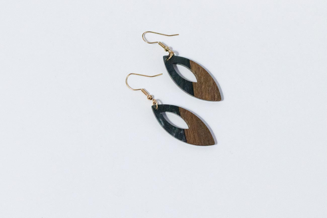 Wood and Black Teardrop Earrings