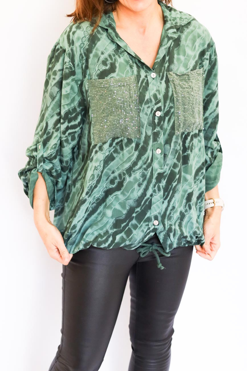Drawstring Hem Button-Up Blouse