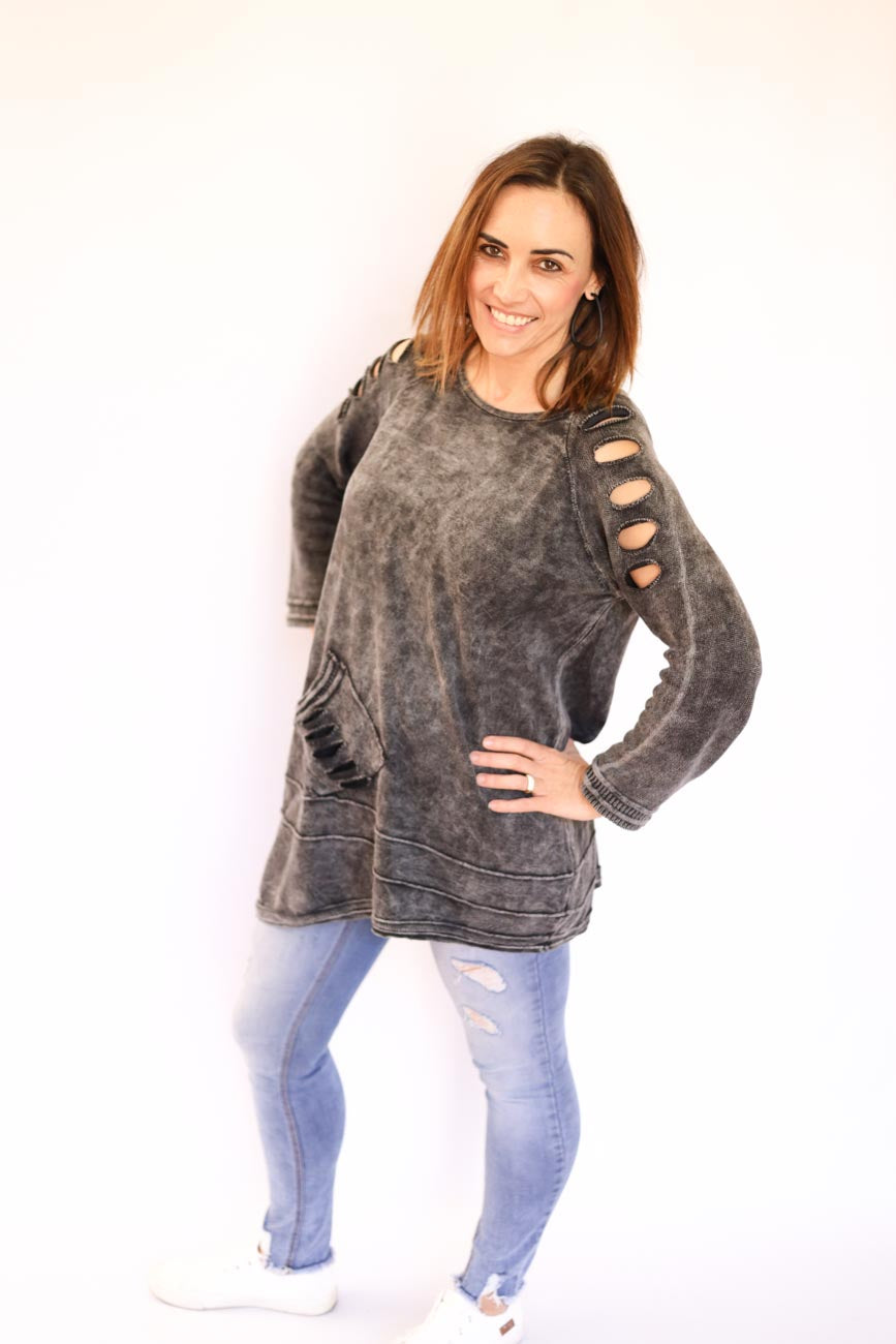 Distressed Long-Sleeve Tunic Top