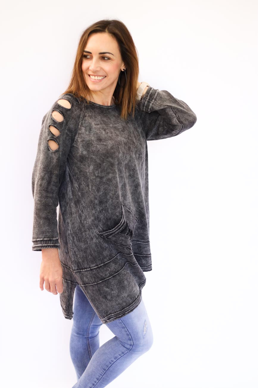 Distressed Long-Sleeve Tunic Top