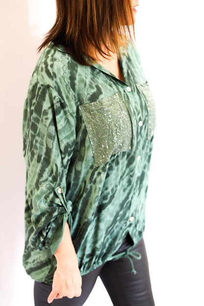 Drawstring Hem Button-Up Blouse