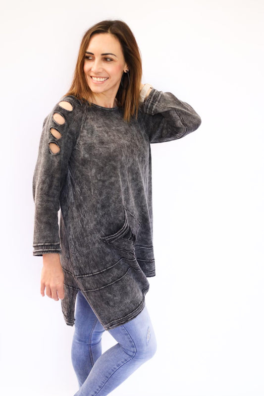Distressed Long-Sleeve Tunic Top